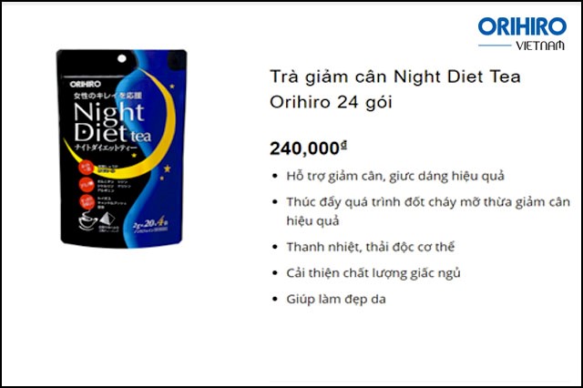 Giá trà giảm cân Night Diet Tea được niêm yết trên trang Orihiro Việt Nam